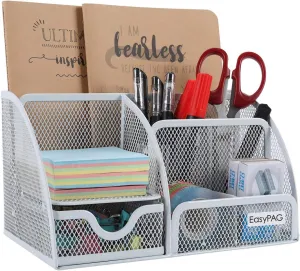 EasyPAG Mesh Desk Organizer for Women with Drawer - Multi-Functional Office & Makeup Storage, Anti-Scratch Pads, 5 Compartments, Durable Metal Mesh for Home, School, Classroom, White
