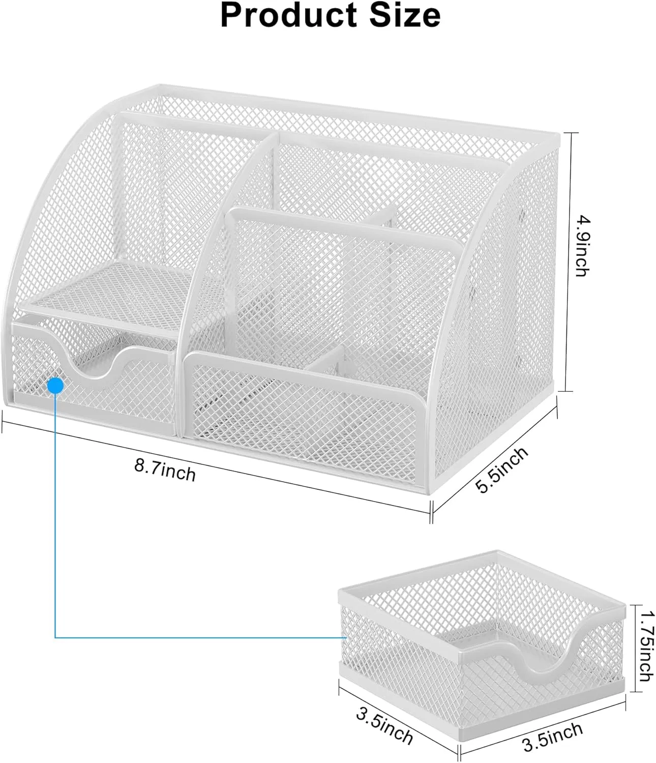 EasyPAG Mesh Desk Organizer for Women with Drawer - Multi-Functional Office & Makeup Storage, Anti-Scratch Pads, 5 Compartments, Durable Metal Mesh for Home, School, Classroom, White