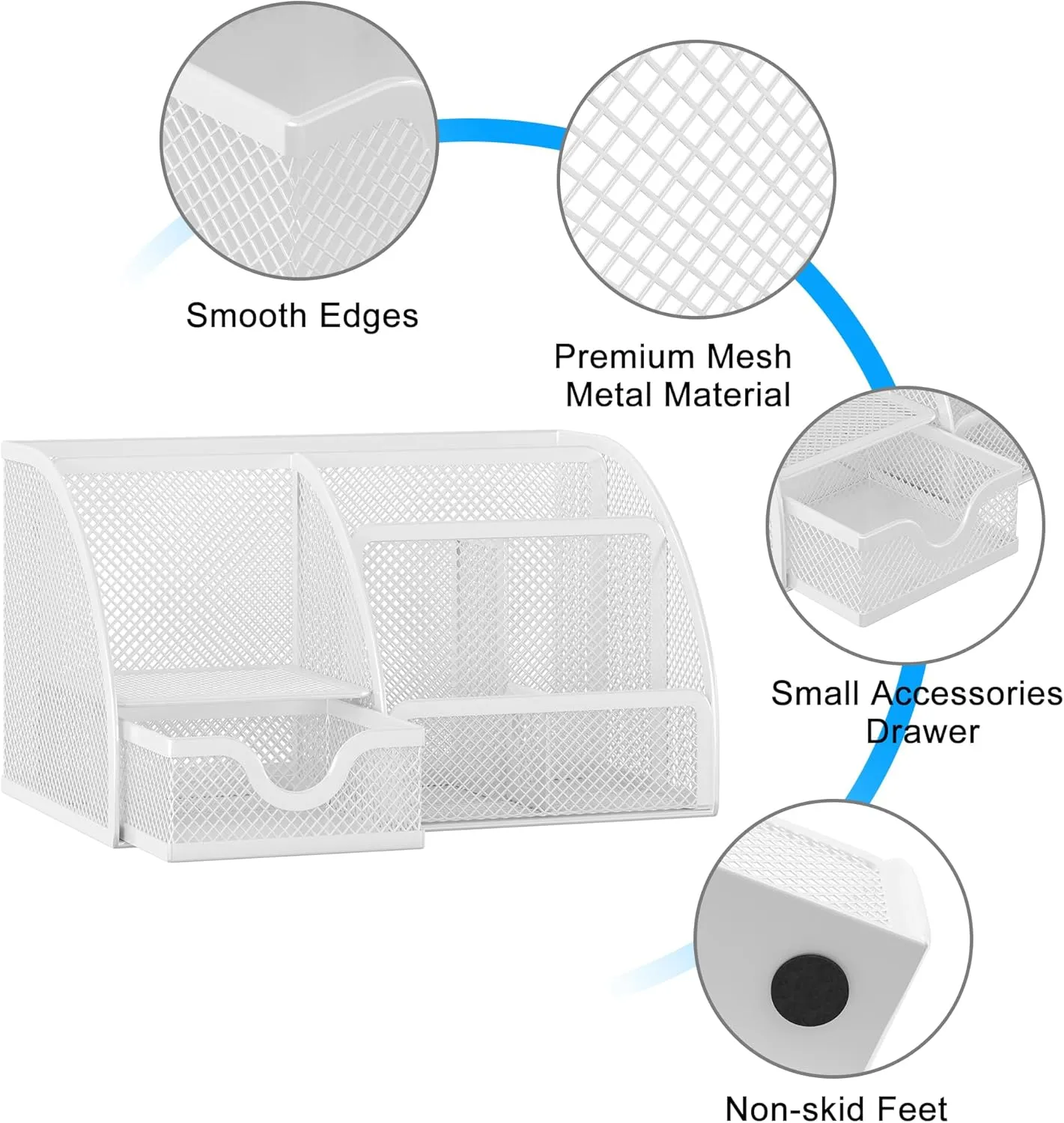EasyPAG Mesh Desk Organizer for Women with Drawer - Multi-Functional Office & Makeup Storage, Anti-Scratch Pads, 5 Compartments, Durable Metal Mesh for Home, School, Classroom, White