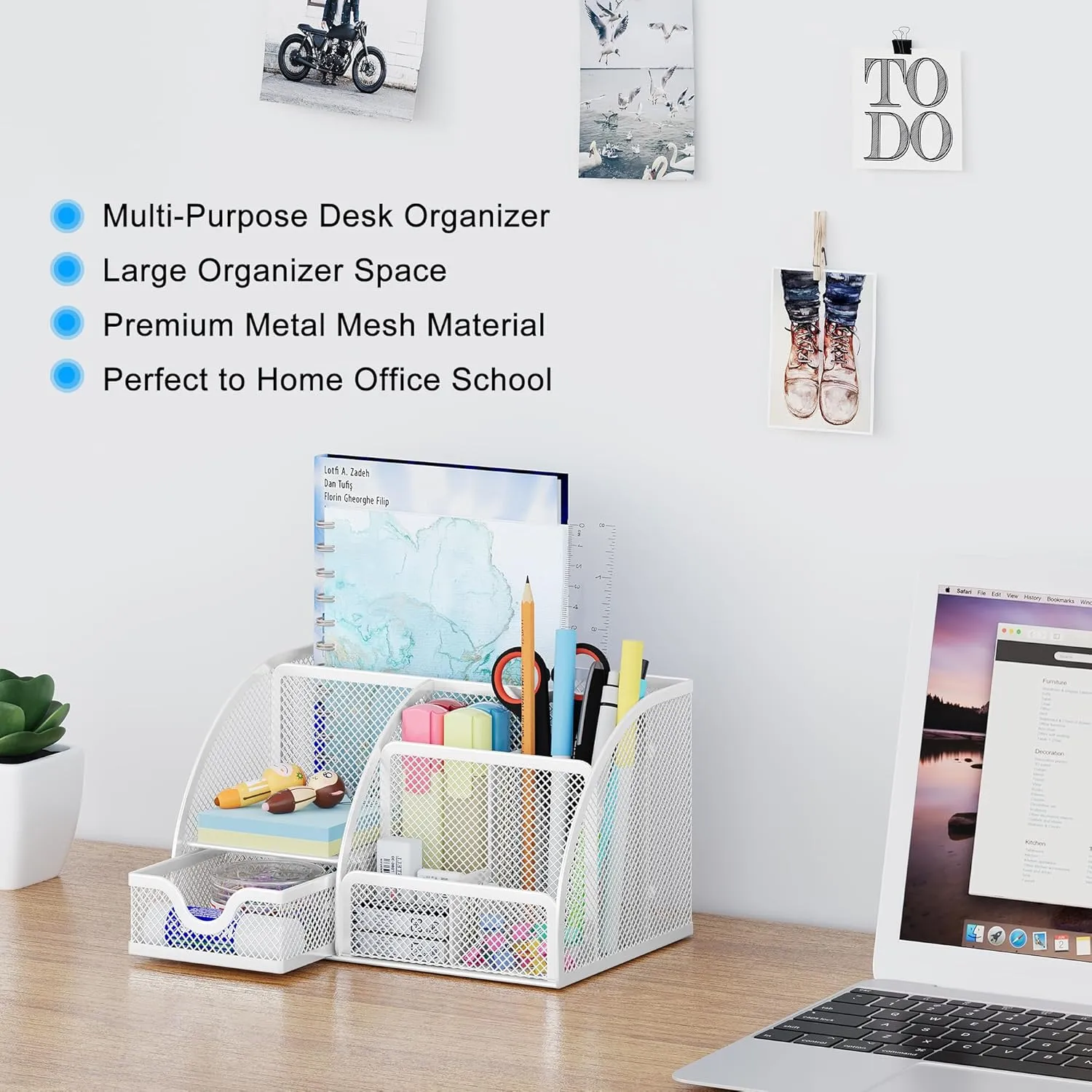 EasyPAG Mesh Desk Organizer for Women with Drawer - Multi-Functional Office & Makeup Storage, Anti-Scratch Pads, 5 Compartments, Durable Metal Mesh for Home, School, Classroom, White