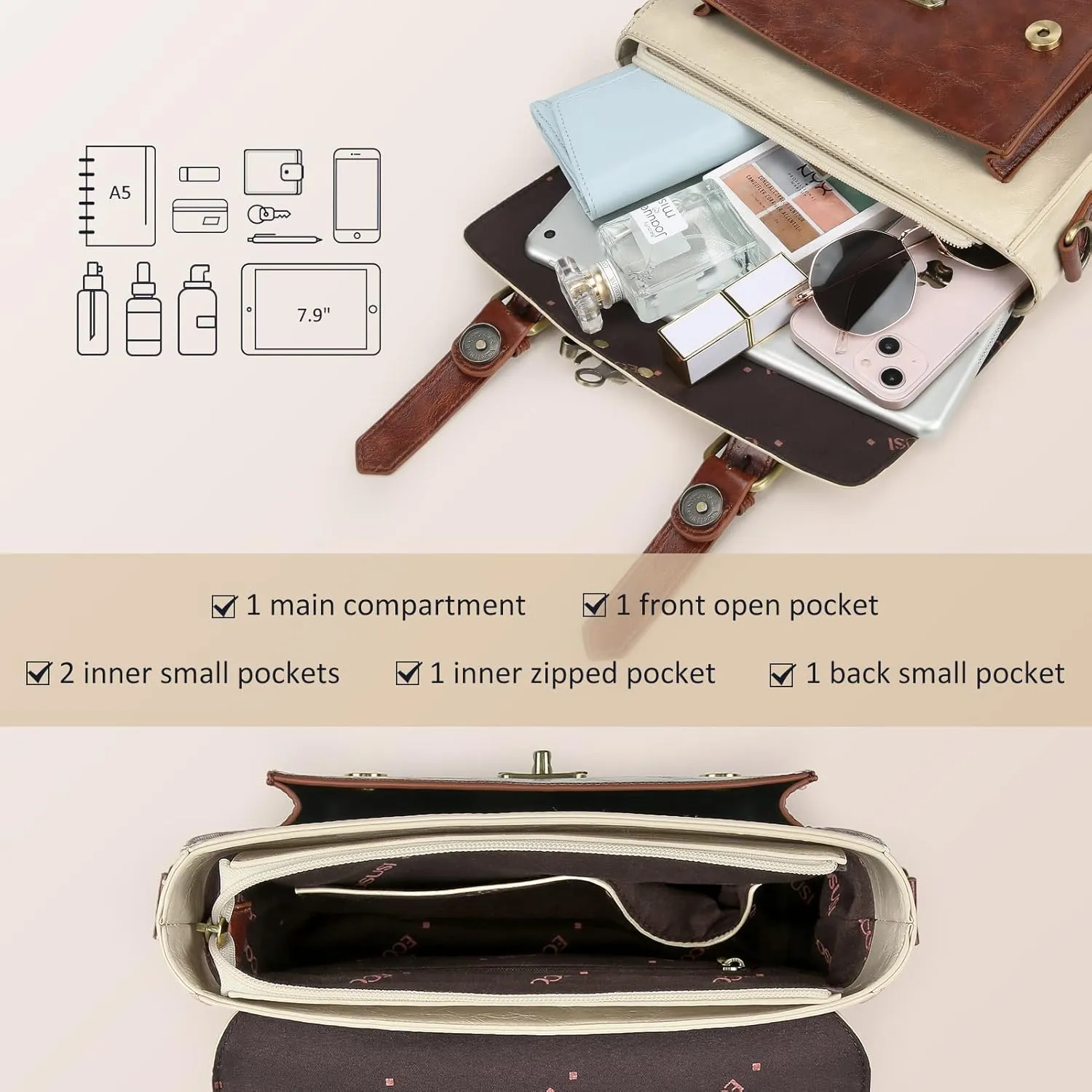 ECOSUSI Women PU Leather Satchel Purse Vintage Small College Crossbody Messenger Bag Work Cross-body Bag