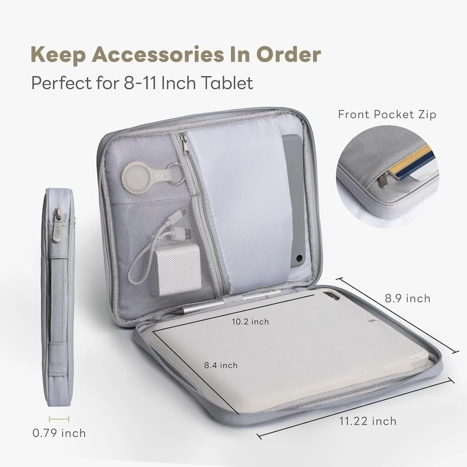 eiP 8-11 inch Waterproof Slim Tablet Carring Case with Handle Sleeve Bag for iPad Pro 11 inch/iPad 7/8/9 10.2 inch/iPad Air 5,4 10.9 inch/Pixel Tablet/Samsung Tab, Fit Keyboard and Pen, Grey