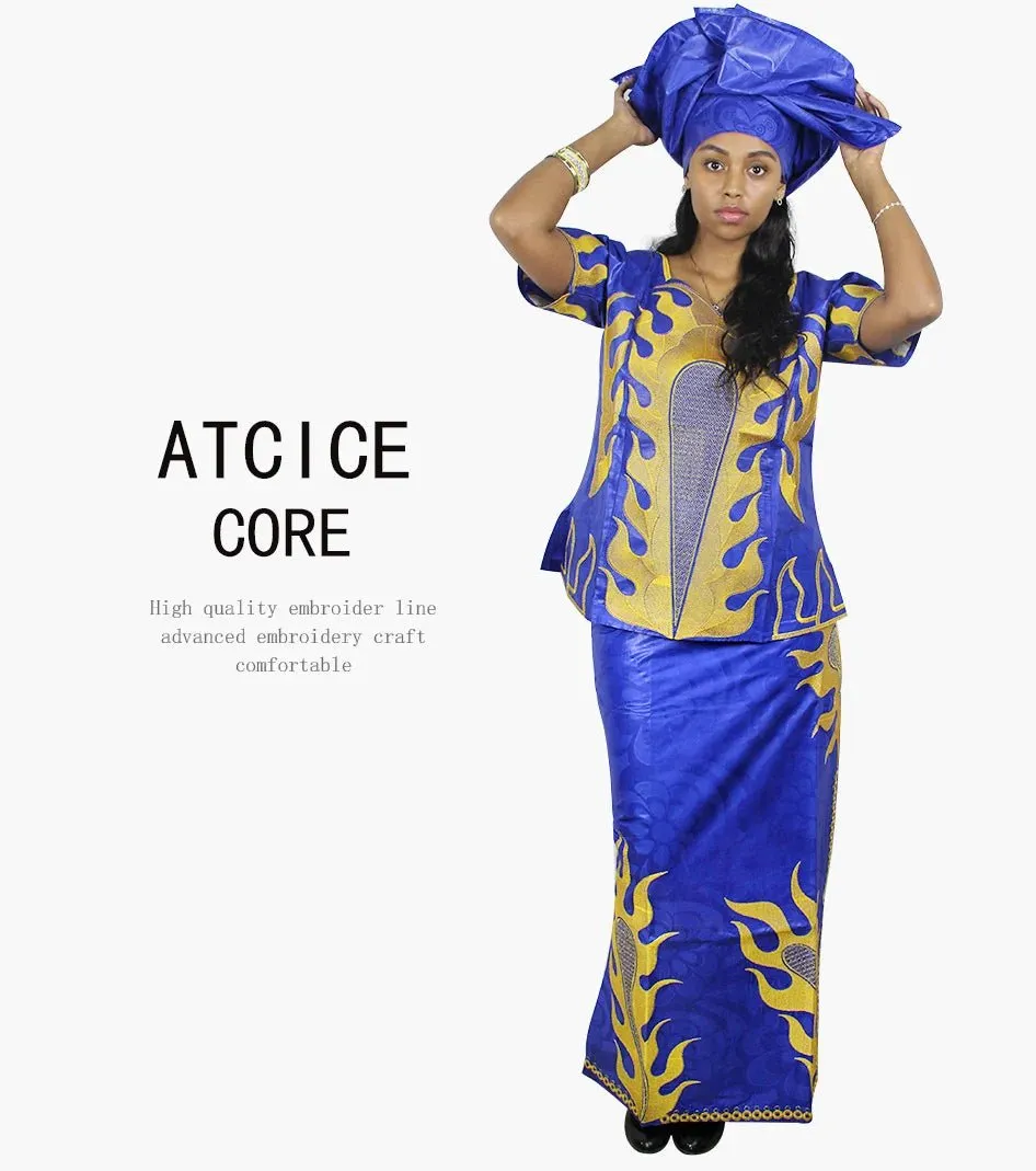 Elegant African Women's Bazin Riche 3PC Set – Embroidered Top & Skirt Outfit