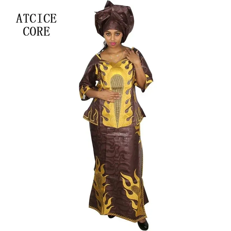 Elegant African Women's Bazin Riche 3PC Set – Embroidered Top & Skirt Outfit