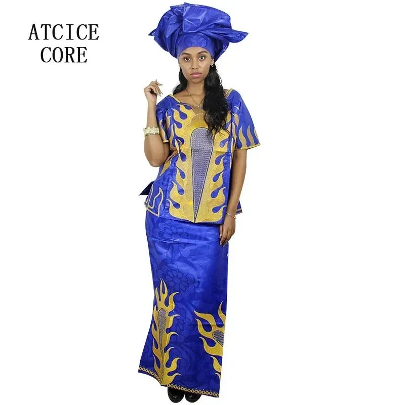 Elegant African Women's Bazin Riche 3PC Set – Embroidered Top & Skirt Outfit