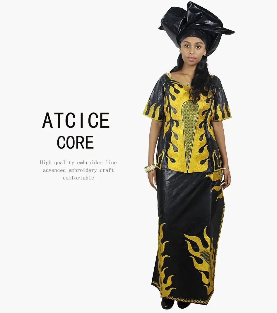 Elegant African Women's Bazin Riche 3PC Set – Embroidered Top & Skirt Outfit