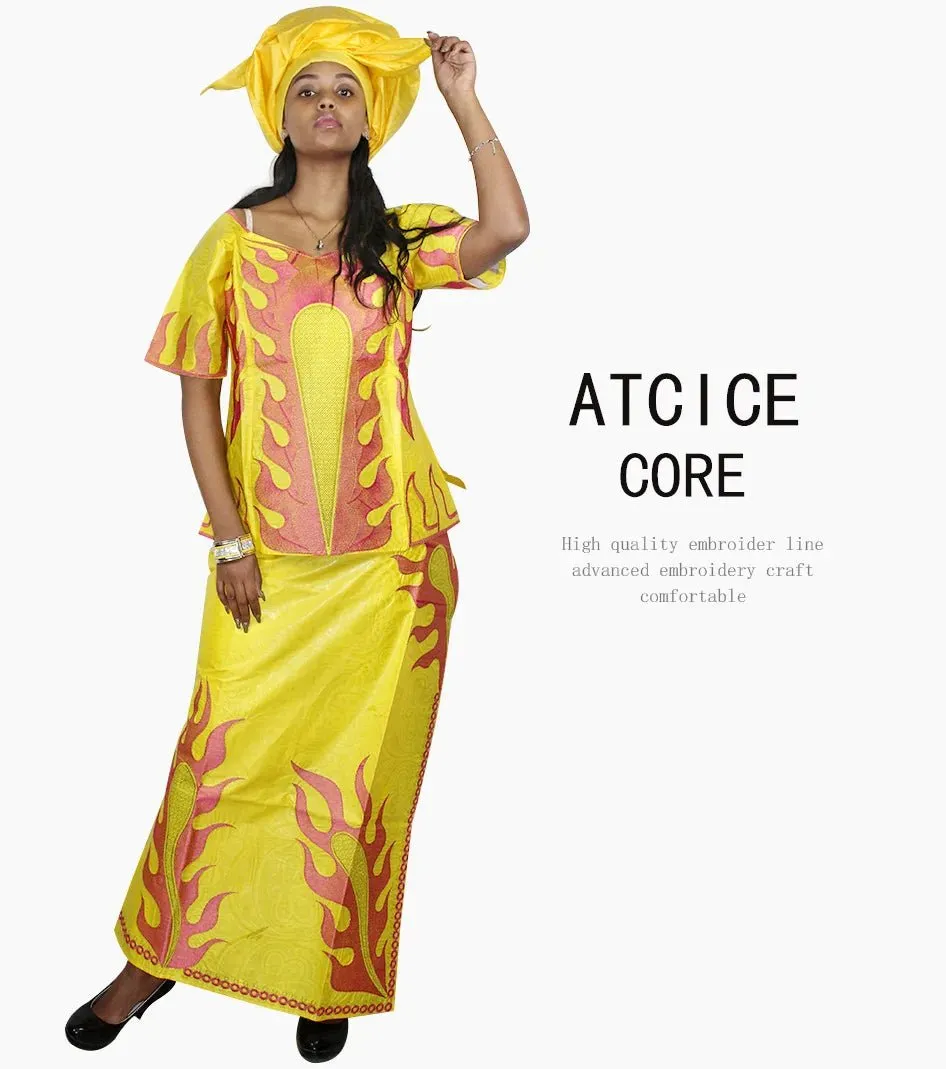Elegant African Women's Bazin Riche 3PC Set – Embroidered Top & Skirt Outfit