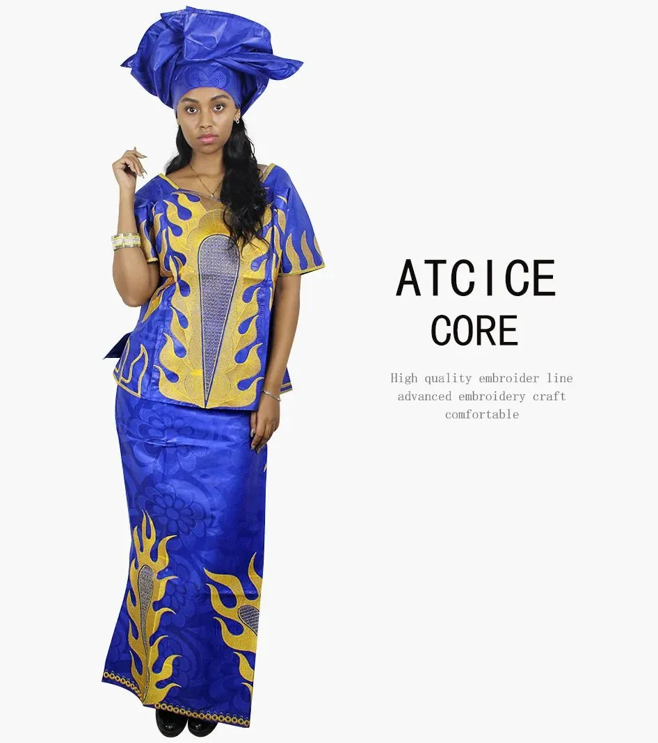 Elegant African Women's Bazin Riche 3PC Set – Embroidered Top & Skirt Outfit