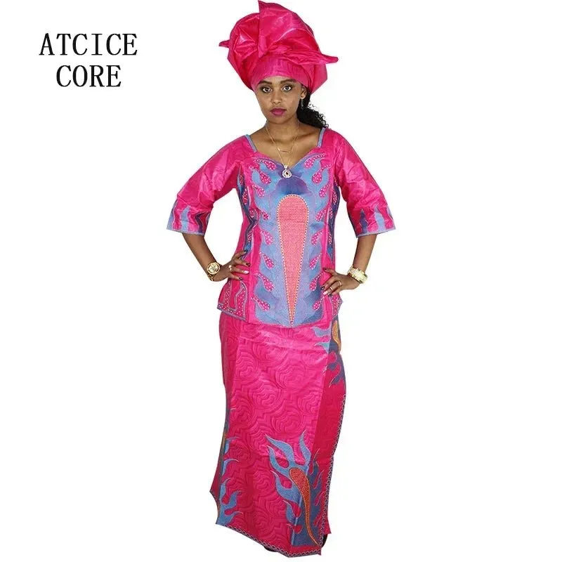 Elegant African Women's Bazin Riche 3PC Set – Embroidered Top & Skirt Outfit
