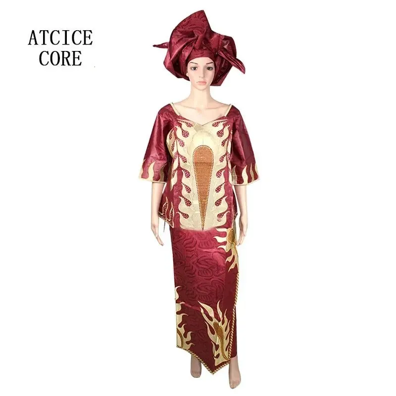 Elegant African Women's Bazin Riche 3PC Set – Embroidered Top & Skirt Outfit