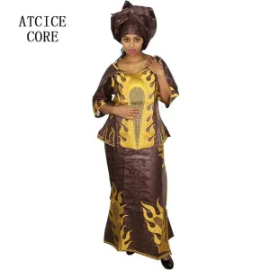 Elegant African Women's Bazin Riche 3PC Set – Embroidered Top & Skirt Outfit