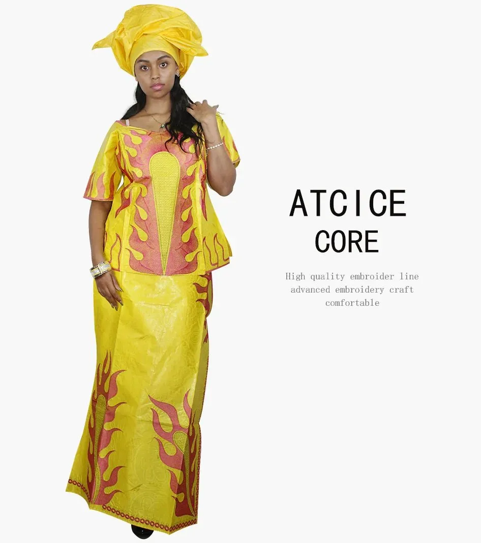 Elegant African Women's Bazin Riche 3PC Set – Embroidered Top & Skirt Outfit