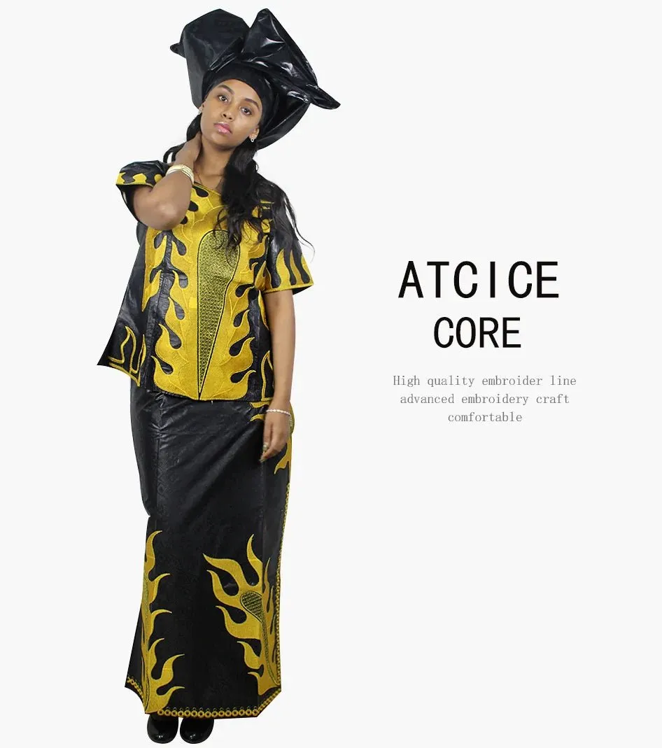 Elegant African Women's Bazin Riche 3PC Set – Embroidered Top & Skirt Outfit