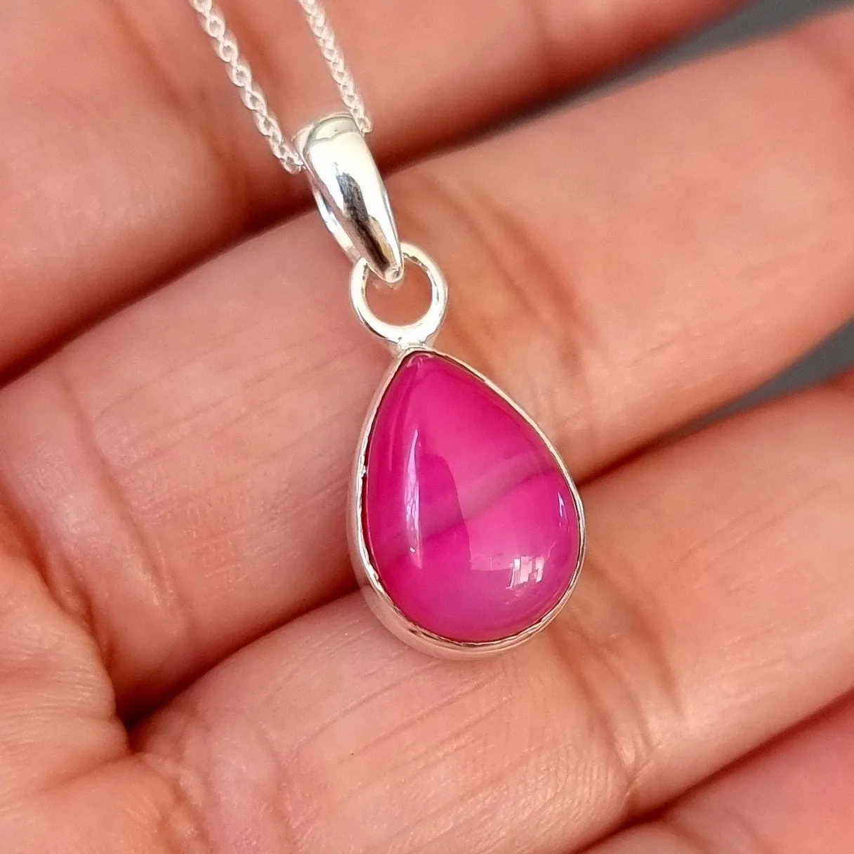 Elegant HOT Pink Agate Teardrop Sterling Silver Pendant, PAGP21