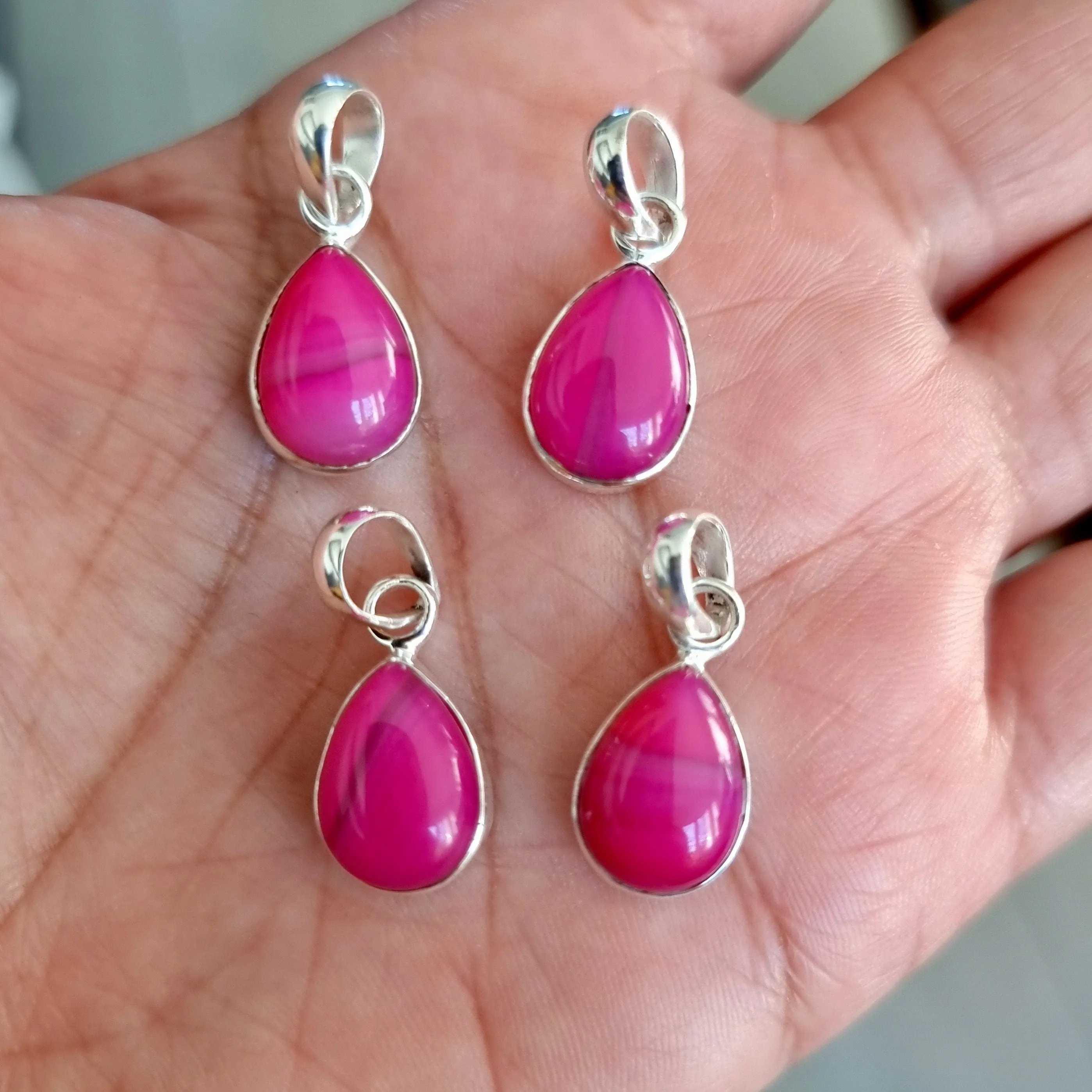 Elegant HOT Pink Agate Teardrop Sterling Silver Pendant, PAGP21