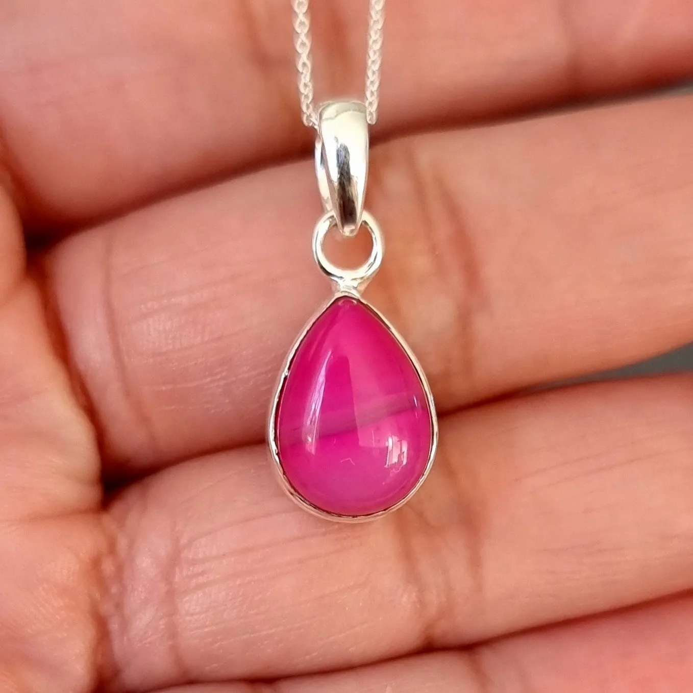 Elegant HOT Pink Agate Teardrop Sterling Silver Pendant, PAGP21