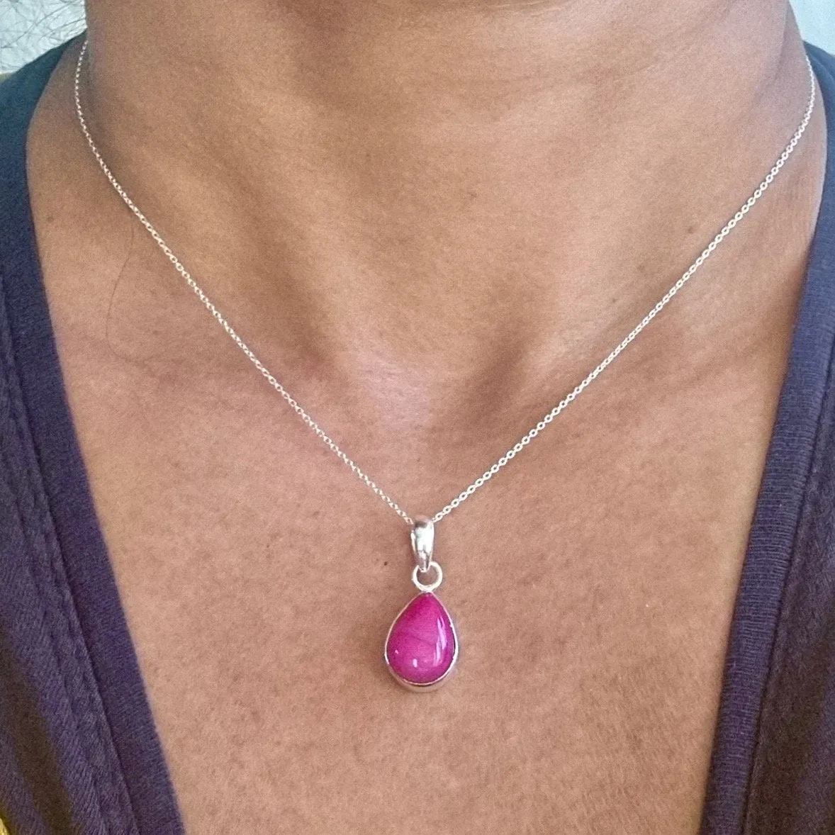 Elegant HOT Pink Agate Teardrop Sterling Silver Pendant, PAGP21
