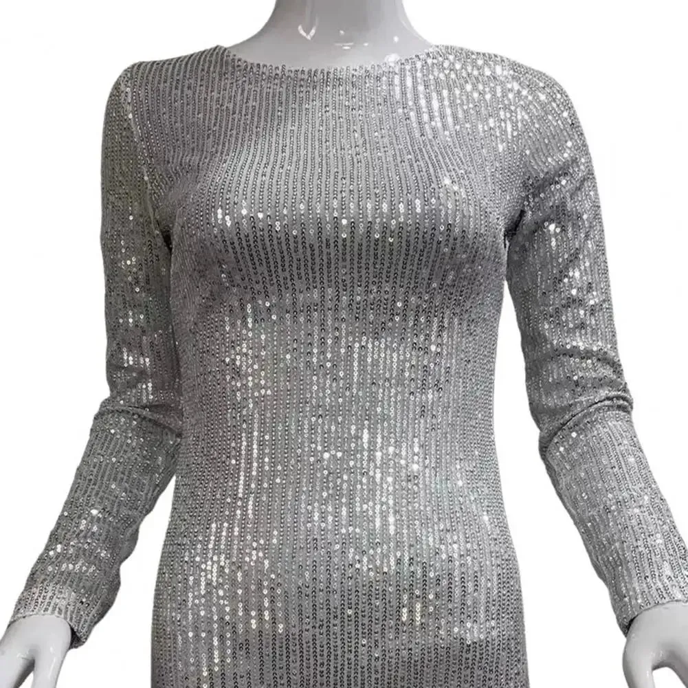 Elegant Women Evening Dress Shiny Sequin Slim Sheath Long Sleeves Mini Dress Club Party Prom Short Dress