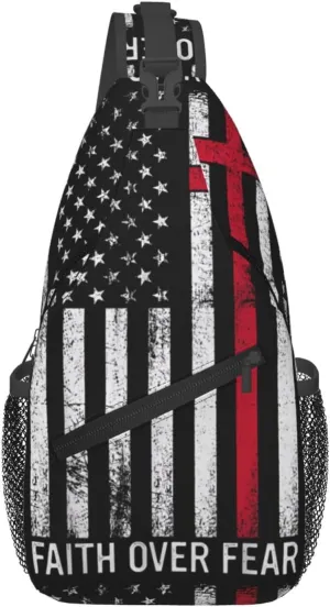 Faith Over Fear Patriotic Christian Cross American Flag Crossbody Sling Bag Chest Bags Casual Shoulder Backpack Sport Fanny Pack Gym Diagonally Daypack with Adjustable Strap for Running