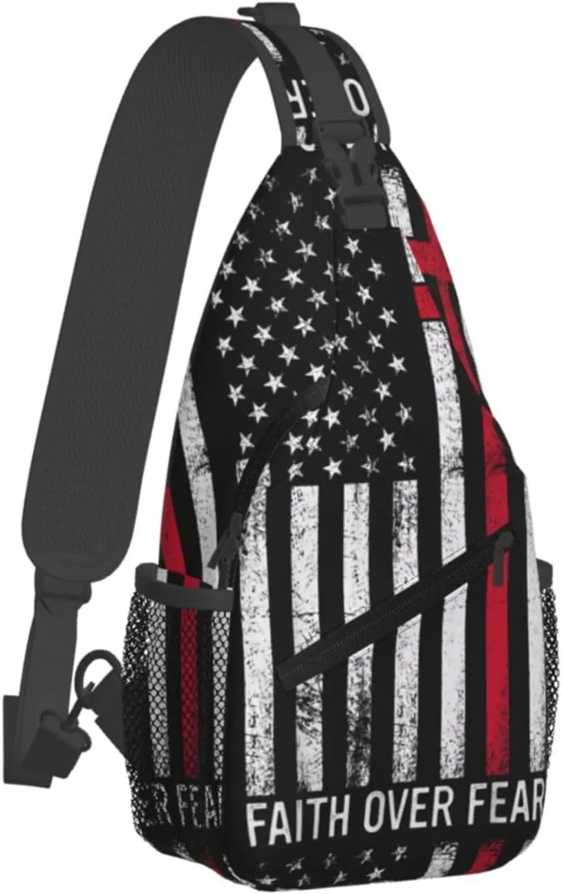 Faith Over Fear Patriotic Christian Cross American Flag Crossbody Sling Bag Chest Bags Casual Shoulder Backpack Sport Fanny Pack Gym Diagonally Daypack with Adjustable Strap for Running