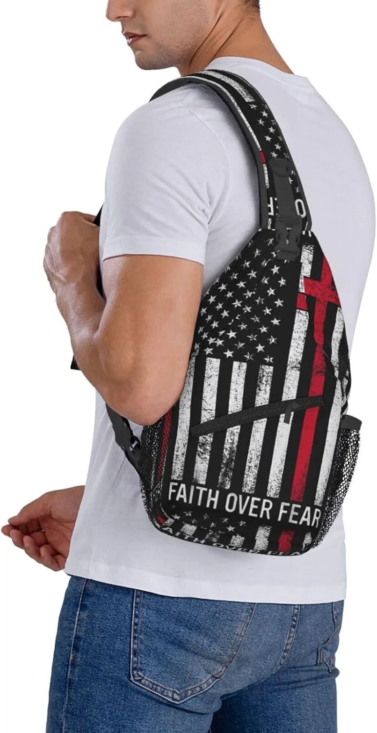 Faith Over Fear Patriotic Christian Cross American Flag Crossbody Sling Bag Chest Bags Casual Shoulder Backpack Sport Fanny Pack Gym Diagonally Daypack with Adjustable Strap for Running
