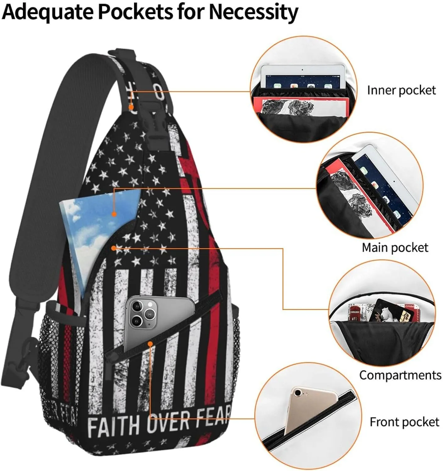 Faith Over Fear Patriotic Christian Cross American Flag Crossbody Sling Bag Chest Bags Casual Shoulder Backpack Sport Fanny Pack Gym Diagonally Daypack with Adjustable Strap for Running
