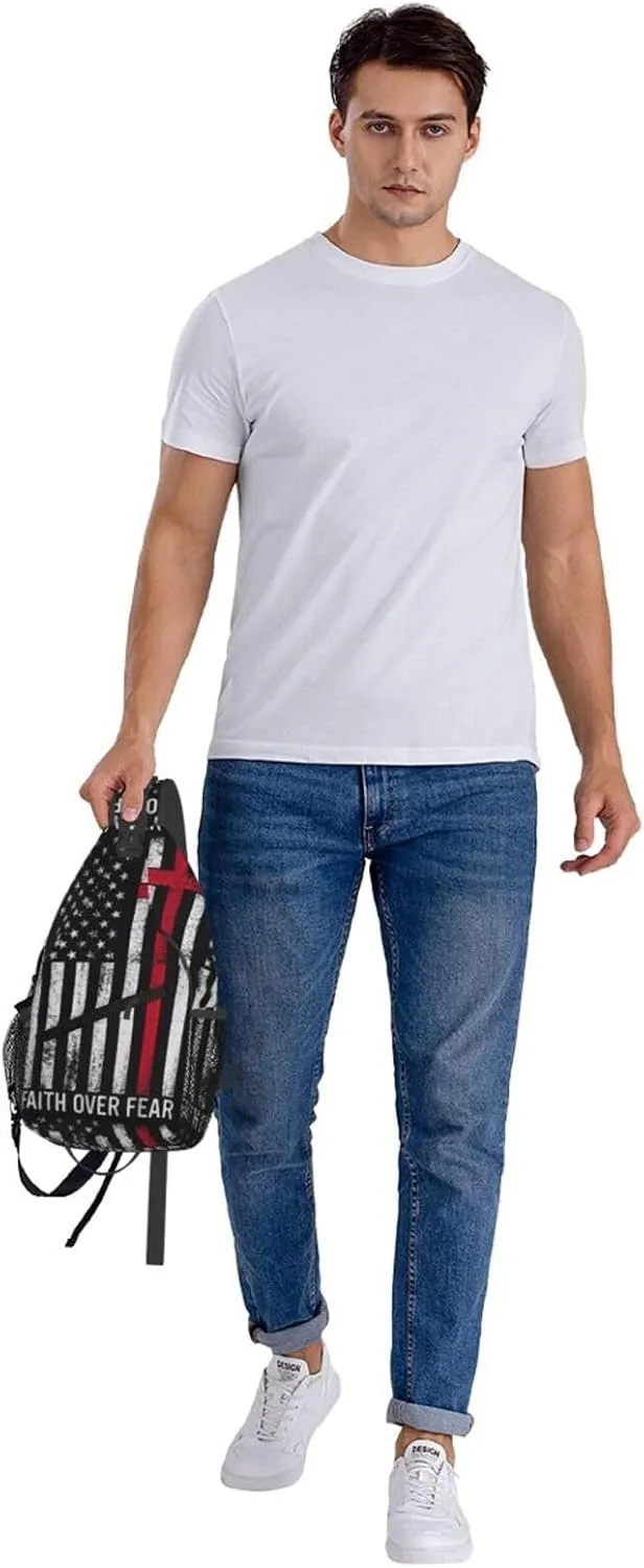 Faith Over Fear Patriotic Christian Cross American Flag Crossbody Sling Bag Chest Bags Casual Shoulder Backpack Sport Fanny Pack Gym Diagonally Daypack with Adjustable Strap for Running