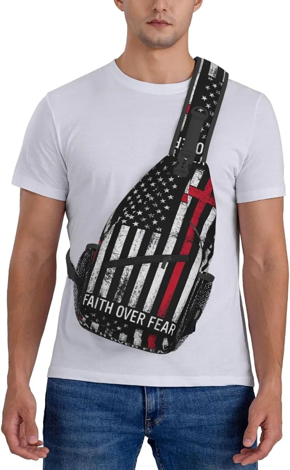 Faith Over Fear Patriotic Christian Cross American Flag Crossbody Sling Bag Chest Bags Casual Shoulder Backpack Sport Fanny Pack Gym Diagonally Daypack with Adjustable Strap for Running