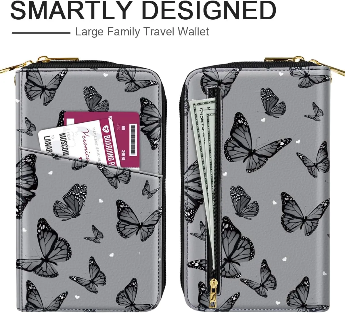 Family Passport Holder Wallet RFID Blocking Document Organizer PU Leather Mulit-purpose Travel Wallet Credit Cards Case for Women Men, Butterflies