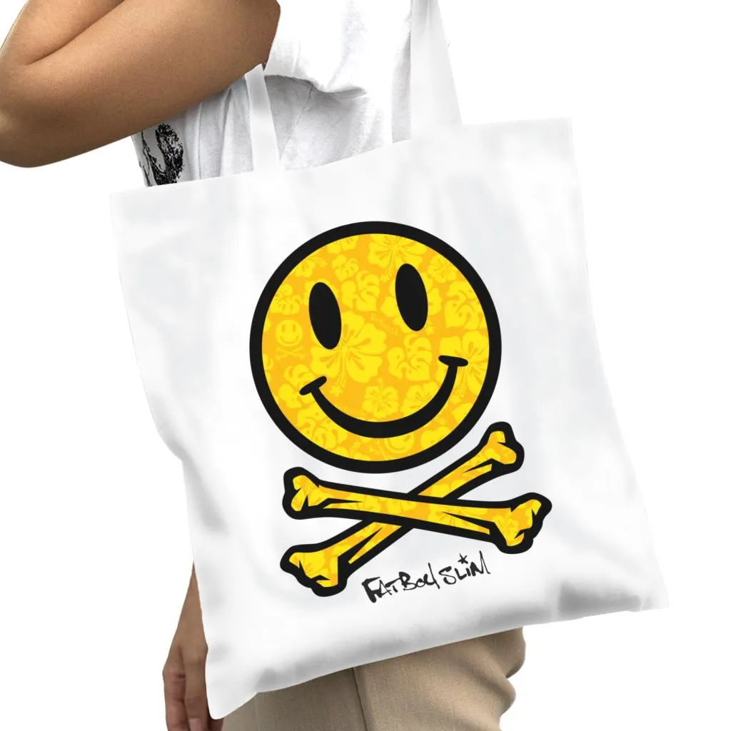 Fatboy Slim Flower Pattern Smiley And Crossbones Cotton Tote Bag