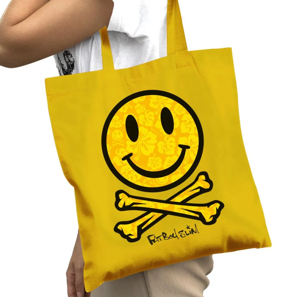 Fatboy Slim Flower Pattern Smiley And Crossbones Cotton Tote Bag