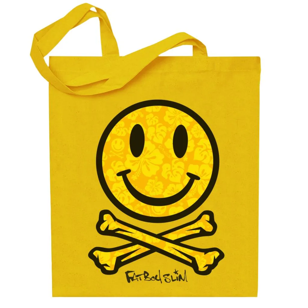 Fatboy Slim Flower Pattern Smiley And Crossbones Cotton Tote Bag
