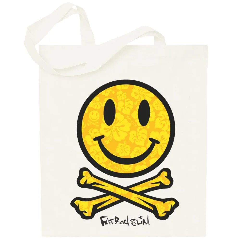 Fatboy Slim Flower Pattern Smiley And Crossbones Cotton Tote Bag