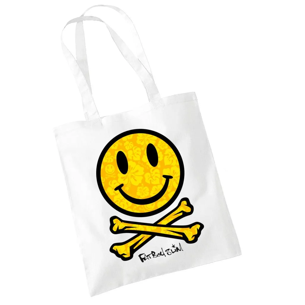 Fatboy Slim Flower Pattern Smiley And Crossbones Cotton Tote Bag