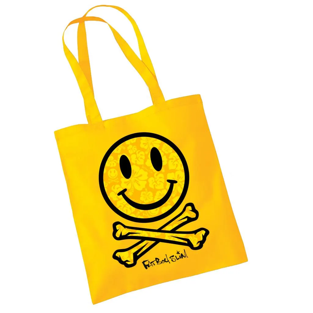 Fatboy Slim Flower Pattern Smiley And Crossbones Cotton Tote Bag