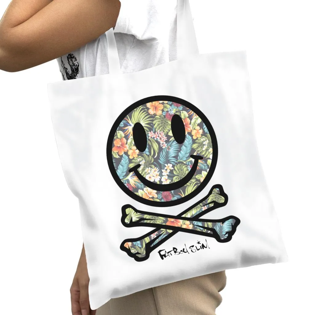 Fatboy Slim Tropical Floral Smiley And Crossbones Cotton Tote Bag