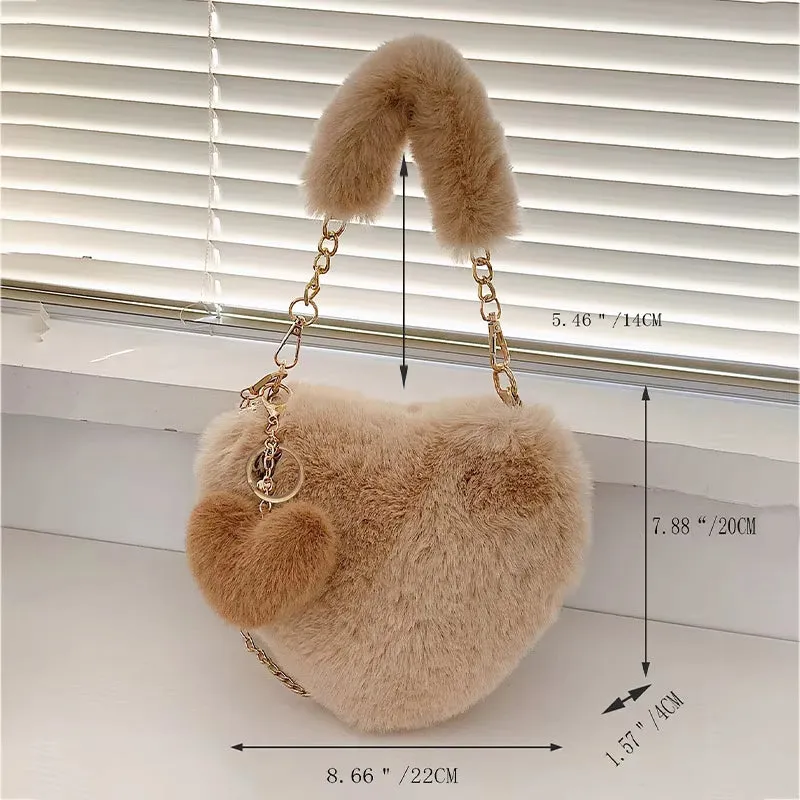 Faux Fur Heart-Shaped Women Small Handbags Fluffy Plush Ladies Chain Shoulder Bag Fashion Female Furry Daily Clutch Purse
