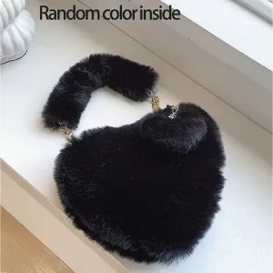 Faux Fur Heart-Shaped Women Small Handbags Fluffy Plush Ladies Chain Shoulder Bag Fashion Female Furry Daily Clutch Purse