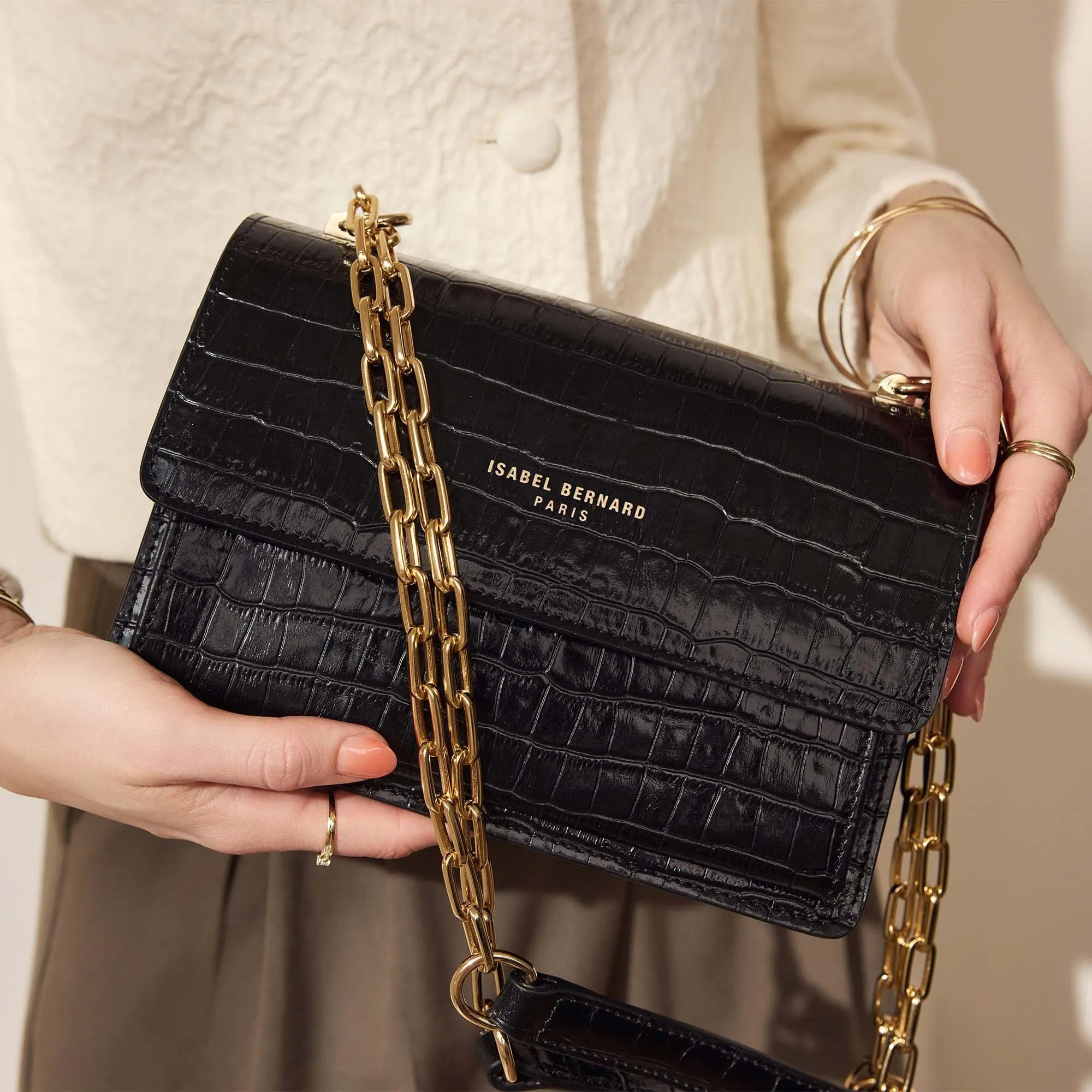 Femme Forte Valerie croco black calfskin leather shoulder bag