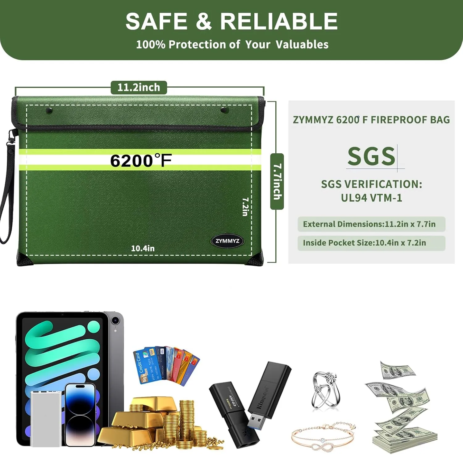 Fireproof Bag for Documents 6200°F Heat Insulated,Non-Itchy Fire Proof Money Pouch with Water Resistant Zipper,Fireproof Water Proof Document Envelopes for Cash,Valuables