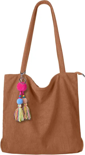 FITDON Corduroy Totes Bag with Zip, Shoulder Bags Handbags Women's Hobos Large Capacity Shopping Bag with Inner Pocket