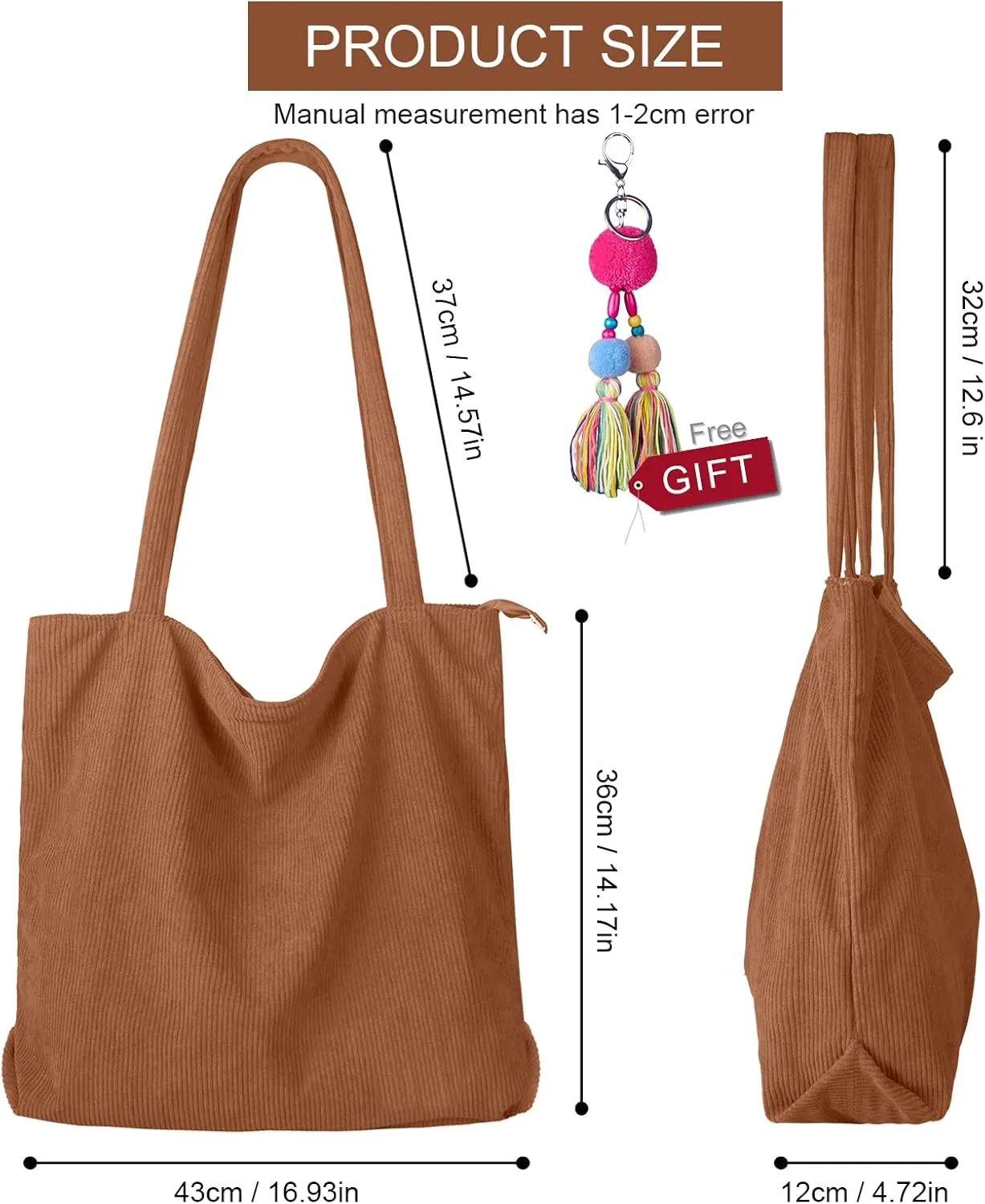 FITDON Corduroy Totes Bag with Zip, Shoulder Bags Handbags Women's Hobos Large Capacity Shopping Bag with Inner Pocket