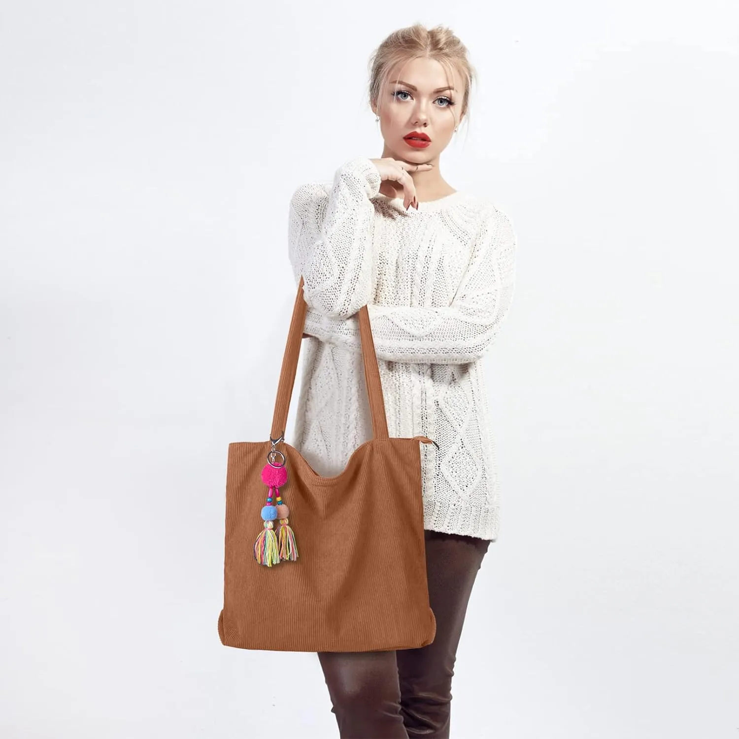 FITDON Corduroy Totes Bag with Zip, Shoulder Bags Handbags Women's Hobos Large Capacity Shopping Bag with Inner Pocket