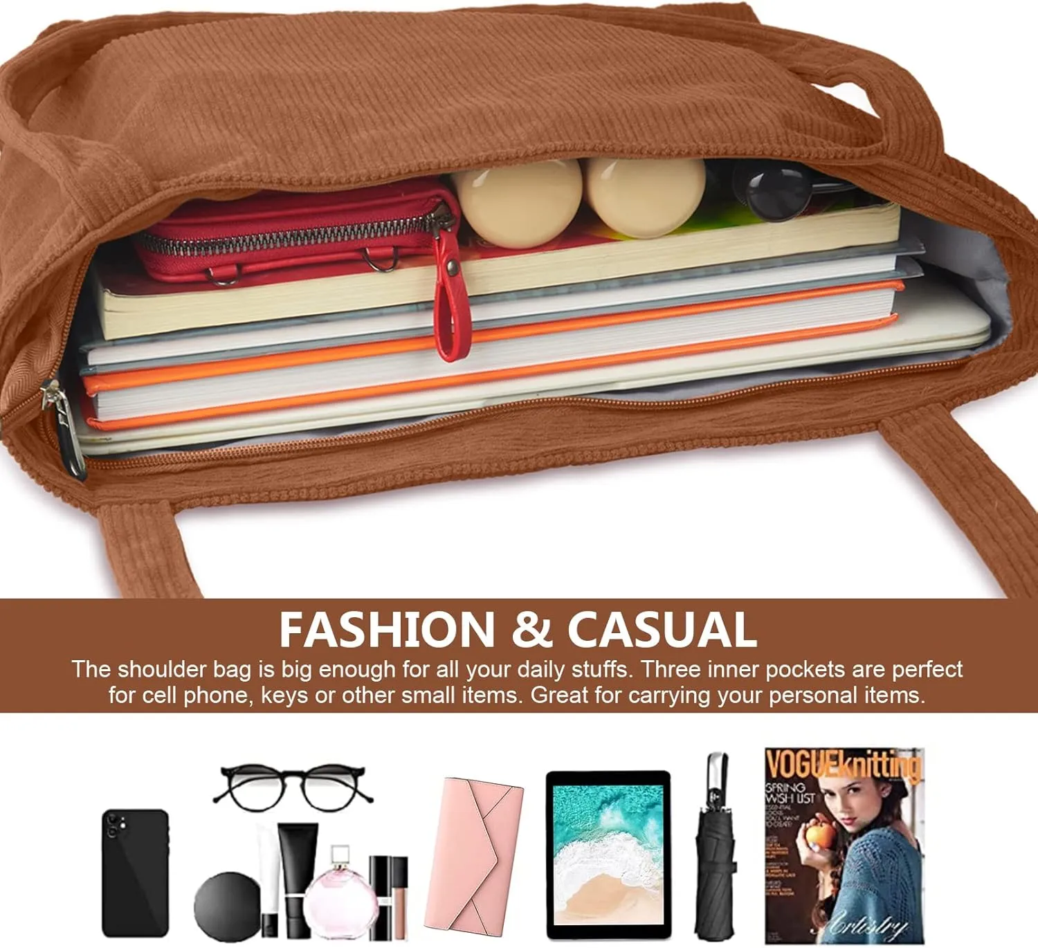 FITDON Corduroy Totes Bag with Zip, Shoulder Bags Handbags Women's Hobos Large Capacity Shopping Bag with Inner Pocket