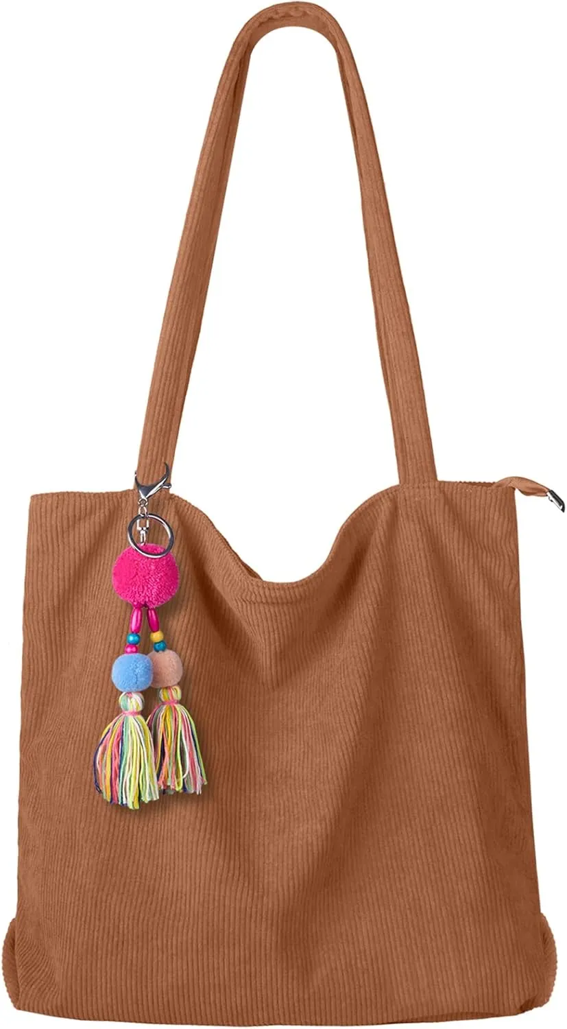 FITDON Corduroy Totes Bag with Zip, Shoulder Bags Handbags Women's Hobos Large Capacity Shopping Bag with Inner Pocket
