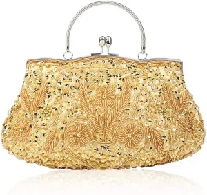 Floral Designer Evening Bag Beaded Sequin Design Vintage Kissing Lock Satin Clutch Purse Bag Wedding Party Clutch