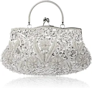 Floral Designer Evening Bag Beaded Sequin Design Vintage Kissing Lock Satin Clutch Purse Bag Wedding Party Clutch