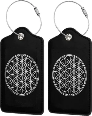 Flower of Life Sacred Geometry Luggage Tags for Travel, Stainless Steel & Leather, Personalized Engraved, Durable Bag Tags 4 PCS