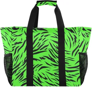 Fluorescent Green Tigers Fur Texture Utility Bag For Trunk Foldable Water Resistant Canvas Beach Tote