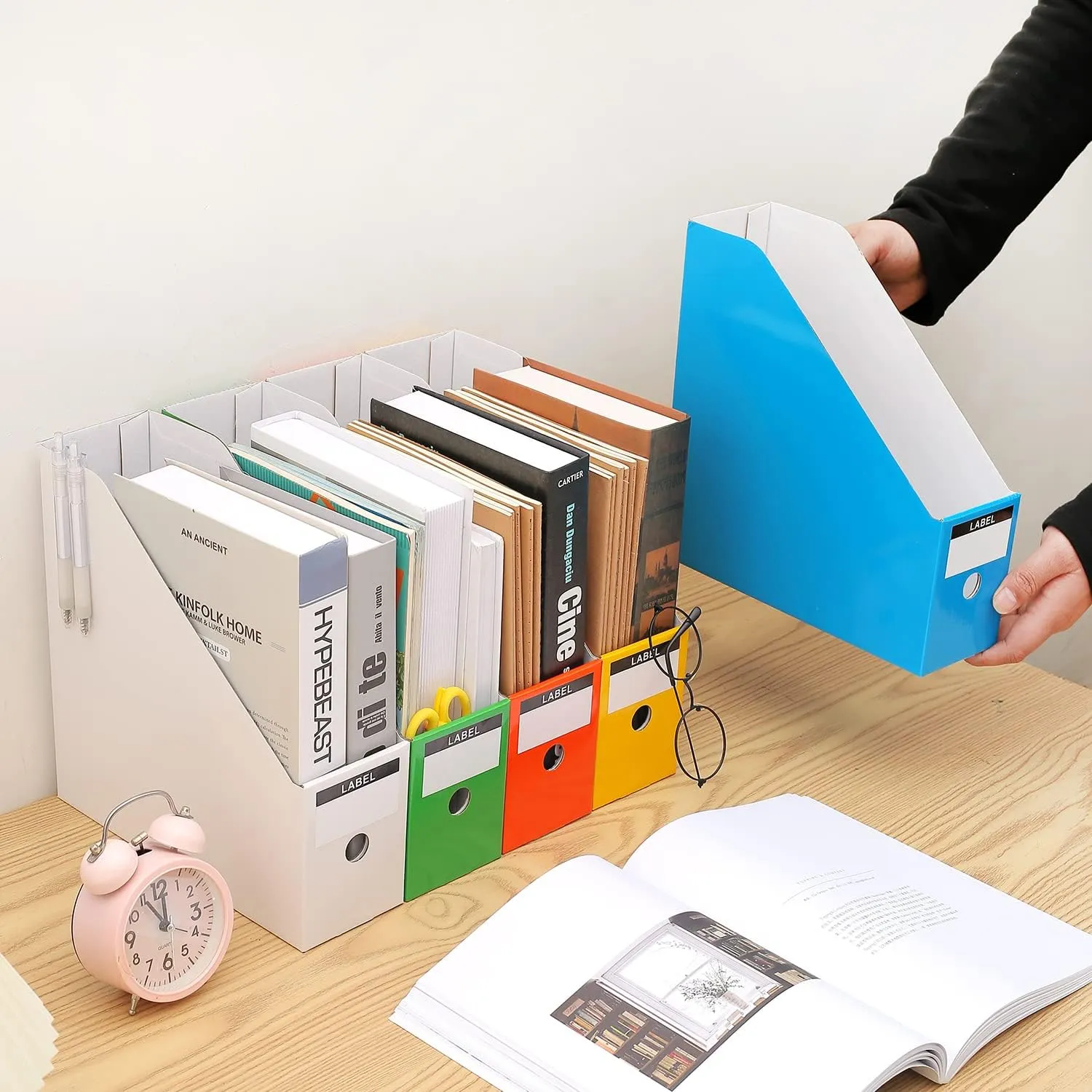 Foldable Desk File Holder Organizer Sturdy Cardboard Magazine Storage Box Document Rack with Blank Label Stickers for Home School Office (15, Multicolor)